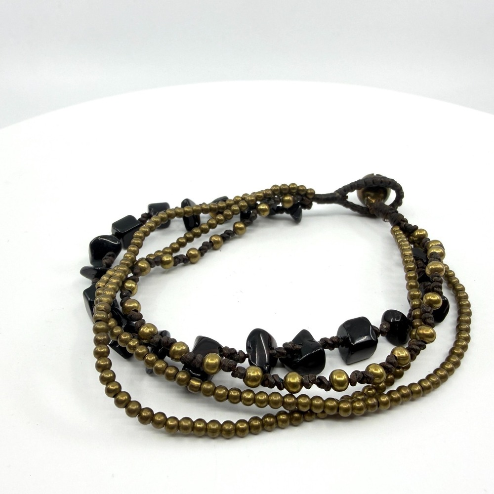 Multi-Layer Bohemian Bracelet Black Stone Beads Gold Tone Boho Festival Gift